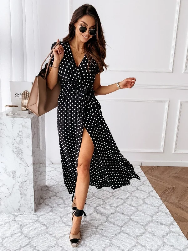 Womens Summer Maxi Dress Short Sleeve V-Neck Ladies Polka Dot Dreeses Split Vestidos For Femela Boho Beach Holiday Dress Fashionable High-Waist Maxi Dress Womens Summer Maxi Dress Short Sleeve V-Neck Ladies Polka Dot Dreeses Split Vestidos For Femela Boho Beach Holiday Dress Fashionable High-Waist Maxi Dress