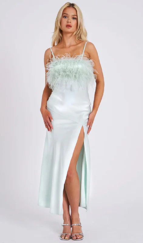 YANA MINT FEATHER MAXI DRESS Fashionable Asymmetrical Maxi Dress