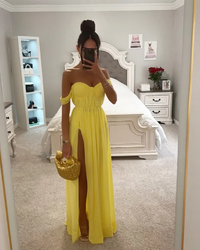 YELLOW MAXI DRESS Fashionable Off-Shoulder Maxi Dress
