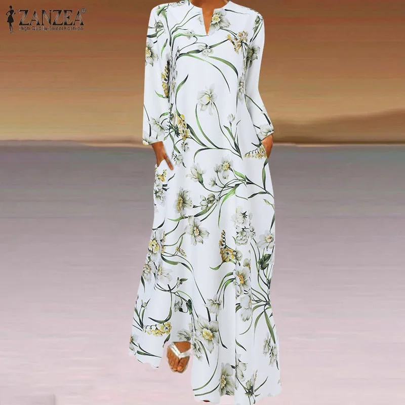 ZANZEA 2023 Bohemina Spring Printed Maxi Dress Women's Floral Sundress Long Sleeve Maxi Vestidos Female V neck Robe Fashionable Maxi Dress with Fringe ZANZEA 2023 Bohemina Spring Printed Maxi Dress Women's Floral Sundress Long Sleeve Maxi Vestidos Female V neck Robe Fashionable Maxi Dress with Fringe