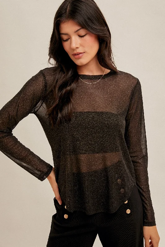Black Mesh Fly Away Back Long Sleeve Tee Graphic T-Shirt Round Neck Polyester