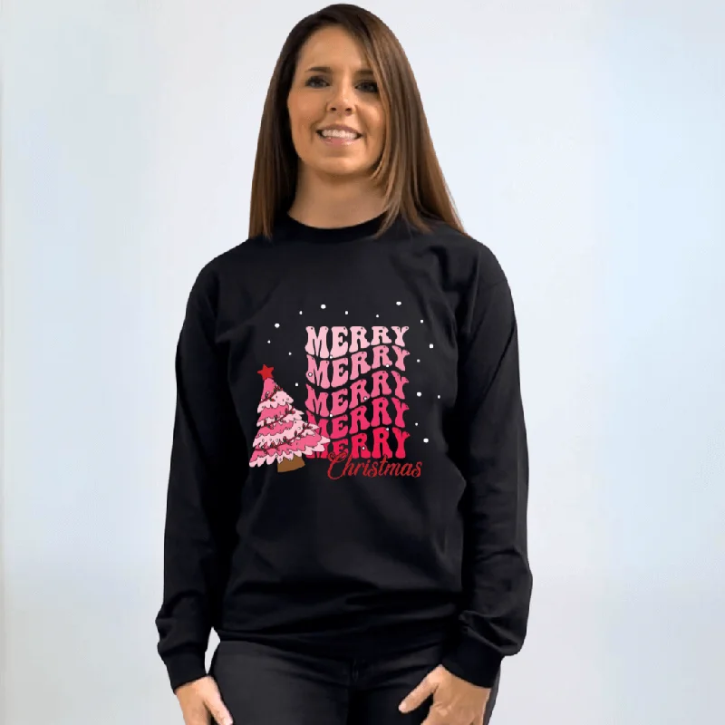 Pink Merry Christmas Graphic Cotton Tee Made in USA Solid Print Embellished