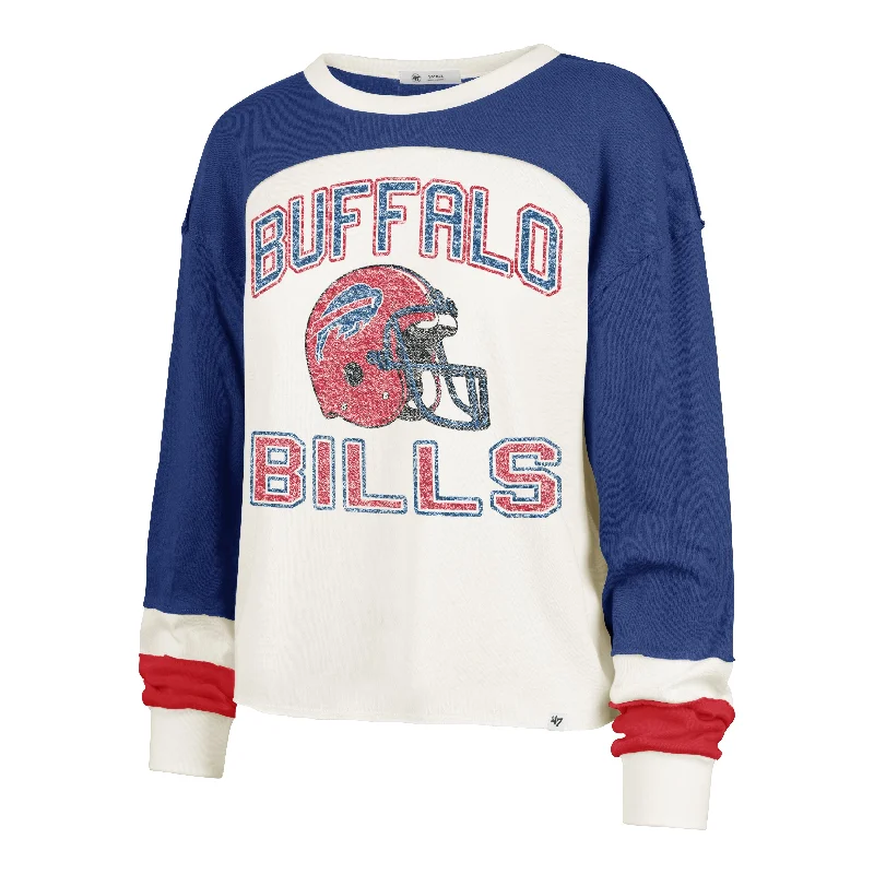 BUFFALO BILLS HISTORIC GRIDIRON CURVE '47 TONI LONG SLEEVE TEE WOMENS Mesh Blend Leather Blend Suede Blend BUFFALO BILLS HISTORIC GRIDIRON CURVE '47 TONI LONG SLEEVE TEE WOMENS Mesh Blend Leather Blend Suede Blend