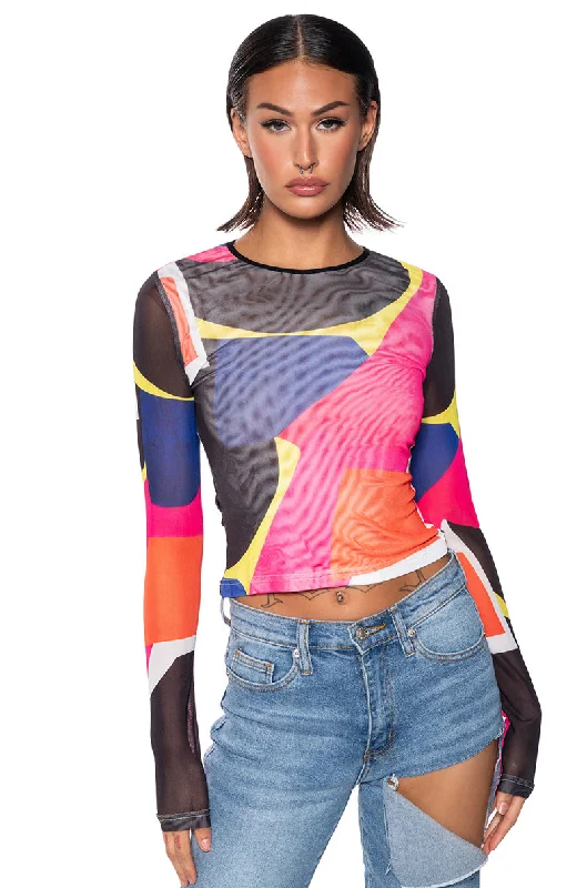 CAREFUL WITH ME LONG SLEEVE MESH TEE Houndstooth Herringbone Solid