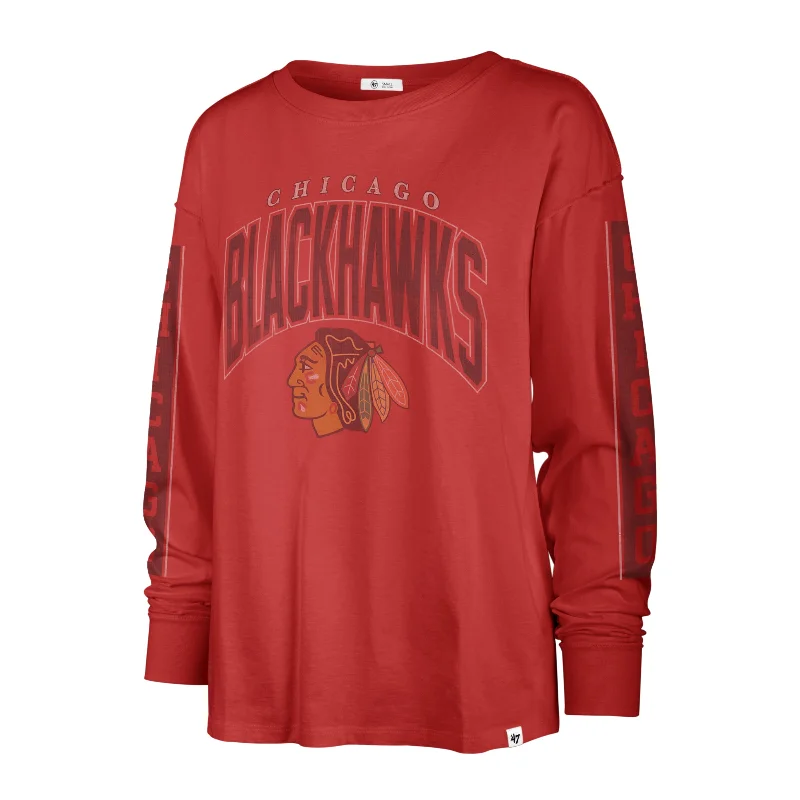 CHICAGO BLACKHAWKS TOMCAT '47 SOA LONG SLEEVE TEE WOMENS Embroidered Appliqued Beaded CHICAGO BLACKHAWKS TOMCAT '47 SOA LONG SLEEVE TEE WOMENS Embroidered Appliqued Beaded