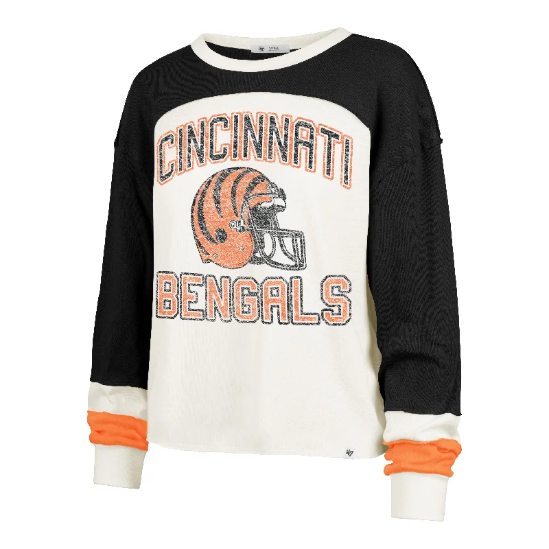 CINCINNATI BENGALS HISTORIC GRIDIRON CURVE '47 TONI LONG SLEEVE TEE WOMENS Collared Crew Neck Turtle Neck CINCINNATI BENGALS HISTORIC GRIDIRON CURVE '47 TONI LONG SLEEVE TEE WOMENS Collared Crew Neck Turtle Neck