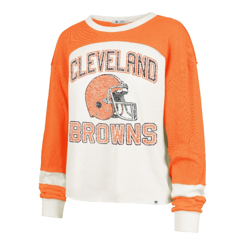 CLEVELAND BROWNS HISTORIC GRIDIRON CURVE '47 TONI LONG SLEEVE TEE WOMENS Zippered Front Buttoned Front Snap Front CLEVELAND BROWNS HISTORIC GRIDIRON CURVE '47 TONI LONG SLEEVE TEE WOMENS Zippered Front Buttoned Front Snap Front