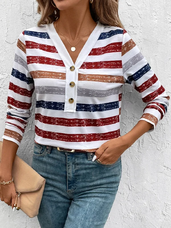 Contrast Striped V-Neck Long Sleeve T-Shirt Basic T-Shirt Crew Neck Short Sleeve