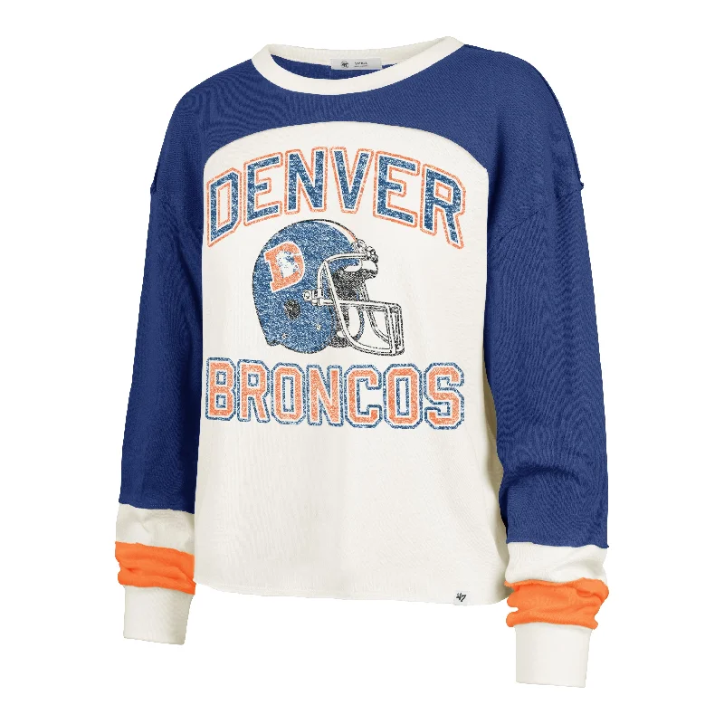 DENVER BRONCOS HISTORIC GRIDIRON CURVE '47 TONI LONG SLEEVE TEE WOMENS Denim Fabric Leather Fabric Suede Fabric DENVER BRONCOS HISTORIC GRIDIRON CURVE '47 TONI LONG SLEEVE TEE WOMENS Denim Fabric Leather Fabric Suede Fabric