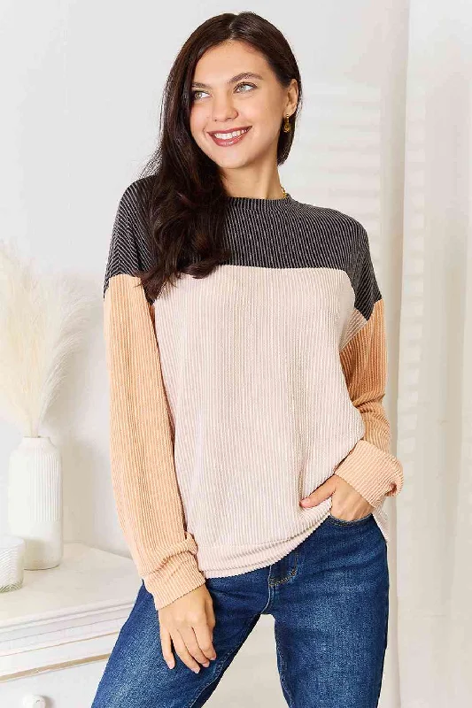Hazel Blues® | Double Take Color Block Dropped Shoulder T-Shirt Fleece Nylon Spandex Hazel Blues® | Double Take Color Block Dropped Shoulder T-Shirt Fleece Nylon Spandex