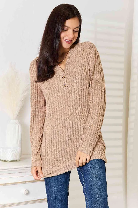 Hazel Blues® | Double Take Notched Neck Ribbed Long Sleeve T-Shirt Casual Formal Business Hazel Blues® | Double Take Notched Neck Ribbed Long Sleeve T-Shirt Casual Formal Business