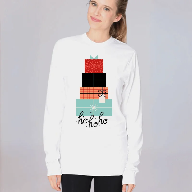 Ho Ho Ho Christmas Presents Graphic Tee Made in USA Mesh Fabric Canvas Fabric Denim Fabric Ho Ho Ho Christmas Presents Graphic Tee Made in USA Mesh Fabric Canvas Fabric Denim Fabric