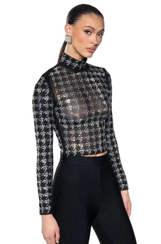 HOUNDSTOOTH GLAMOUR MOCK NECK LONG SLEEVE MESH TEE Asymmetrical Pockets Print