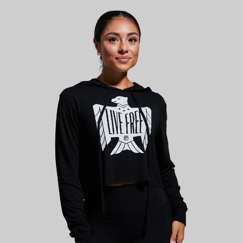 Live Free Cropped T-Shirt Hoodie (Black) Silk Blend Satin Velvet