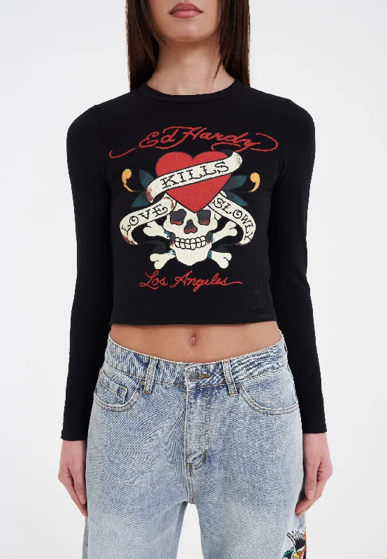Womens Love Kills Long Sleeve T-Shirt - Black Boxy Fit Fitted Loose