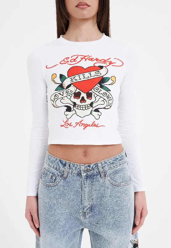 Womens Love Kills Long Sleeve T-Shirt - White Zippered Buttoned Snapped