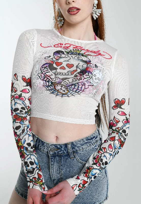 Womens Love-Kills-Slowly Mesh Long Sleeved T-Shirt- White Satin Blend Silk Blend Wool Blend Womens Love-Kills-Slowly Mesh Long Sleeved T-Shirt- White Satin Blend Silk Blend Wool Blend