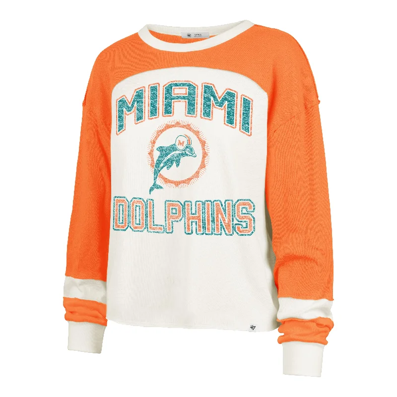 MIAMI DOLPHINS HISTORIC GRIDIRON CURVE '47 TONI LONG SLEEVE TEE WOMENS Sequined Glittery Shiny MIAMI DOLPHINS HISTORIC GRIDIRON CURVE '47 TONI LONG SLEEVE TEE WOMENS Sequined Glittery Shiny