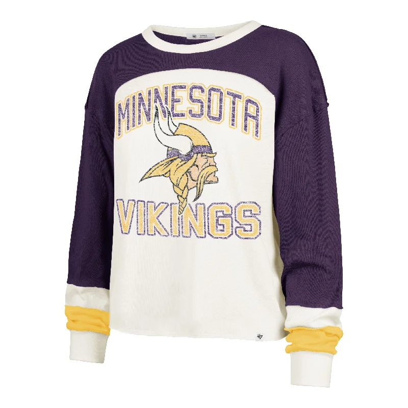 MINNESOTA VIKINGS GRIDIRON CURVE '47 TONI LONG SLEEVE TEE WOMENS Spandex Blend Rayon Blend Denim Blend MINNESOTA VIKINGS GRIDIRON CURVE '47 TONI LONG SLEEVE TEE WOMENS Spandex Blend Rayon Blend Denim Blend