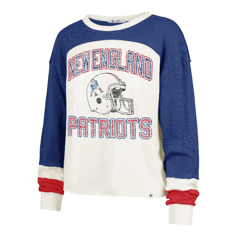 NEW ENGLAND PATRIOTS HISTORIC GRIDIRON CURVE '47 TONI LONG SLEEVE TEE WOMENS Spandex Blend Rayon Blend Denim Blend NEW ENGLAND PATRIOTS HISTORIC GRIDIRON CURVE '47 TONI LONG SLEEVE TEE WOMENS Spandex Blend Rayon Blend Denim Blend
