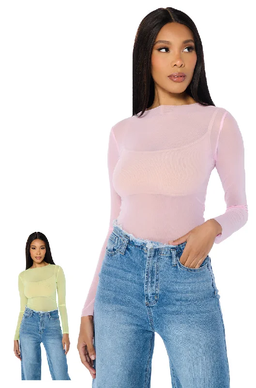 PAXTON TWO PACK RAW HEM LONG SLEEVE MESH TEES IN PINK AND YELLOW Chenille Brocade Lace PAXTON TWO PACK RAW HEM LONG SLEEVE MESH TEES IN PINK AND YELLOW Chenille Brocade Lace