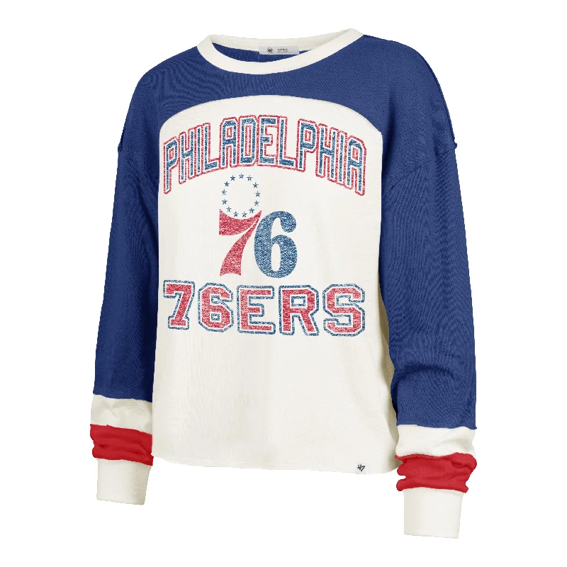 PHILADELPHIA 76ERS ARENA CURVE '47 TONI LONG SLEEVE TEE WOMENS Terry Blend Velvet Blend Canvas Blend PHILADELPHIA 76ERS ARENA CURVE '47 TONI LONG SLEEVE TEE WOMENS Terry Blend Velvet Blend Canvas Blend