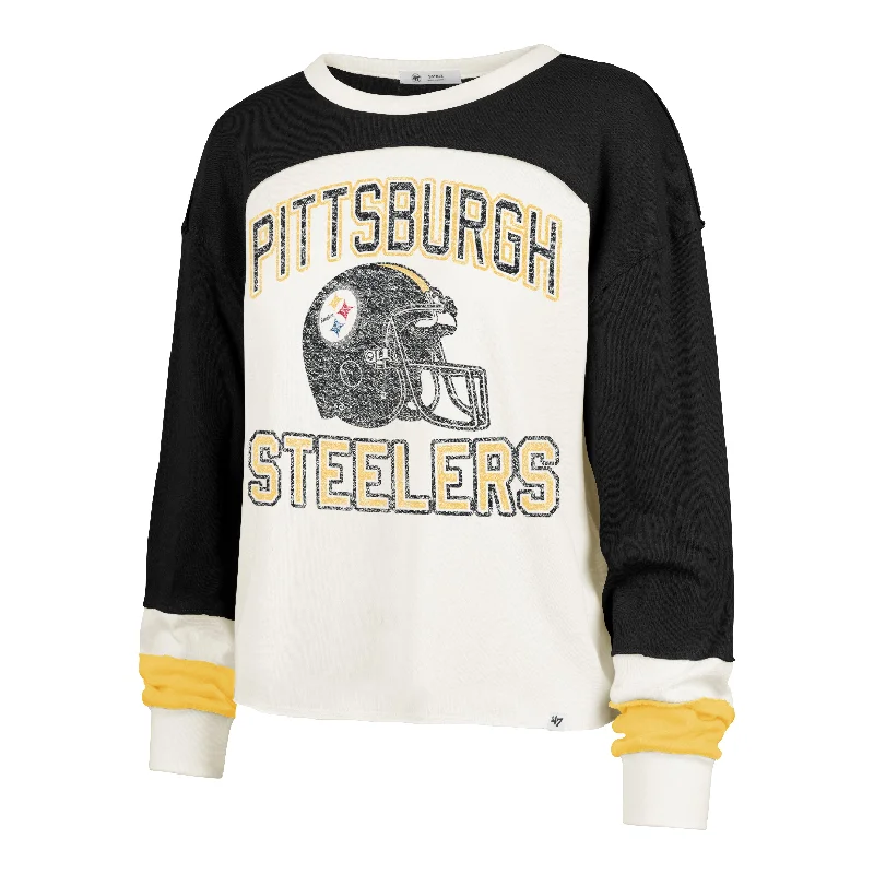 PITTSBURGH STEELERS HISTORIC GRIDIRON CURVE '47 TONI LONG SLEEVE TEE WOMENS Anti-Pilling Machine Wash Handmade PITTSBURGH STEELERS HISTORIC GRIDIRON CURVE '47 TONI LONG SLEEVE TEE WOMENS Anti-Pilling Machine Wash Handmade
