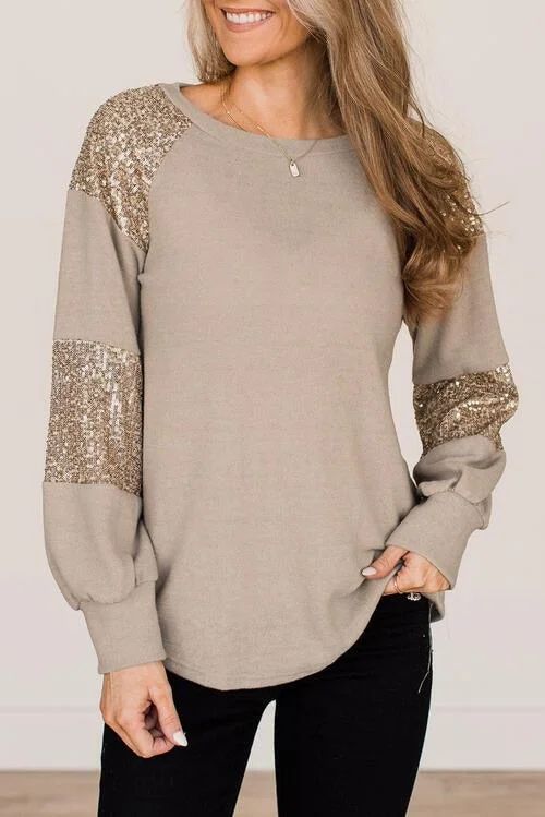 Sequin Sleeve Long Sleeve T-Shirt Iron Safe Non-Iron Wrinkle Free