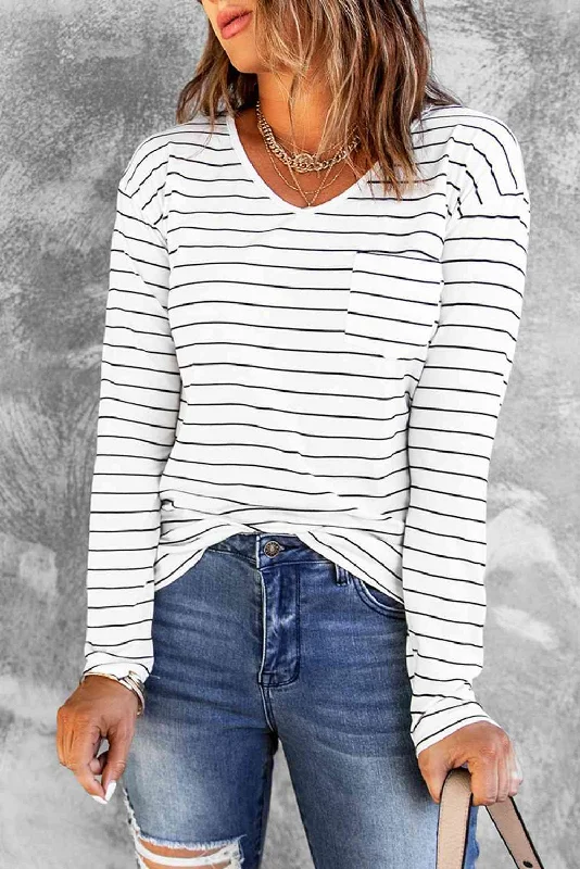Striped Long Sleeve T-Shirt Lace Blend Ribbed Blend Corduroy Blend