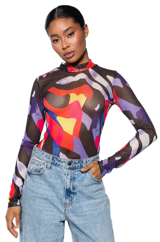 WHERE MY HEART IS MOCK NECK LONG SLEEVE MESH TEE Real Fur Shearling Chenille