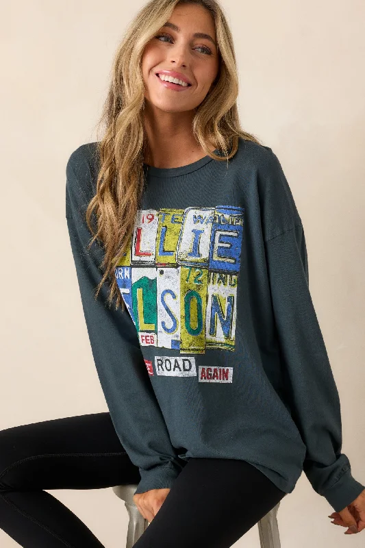 Willie Nelson On The Road Again Charcoal Long Sleeve Tee Notch Collar Peter Pan Collar Cowl Neck Willie Nelson On The Road Again Charcoal Long Sleeve Tee Notch Collar Peter Pan Collar Cowl Neck