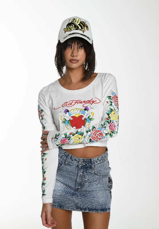 Womens Broken Hearts Kills Scoop Neck Long sleeve T-Shirt - White Front Pockets Side Pockets Patch Pockets