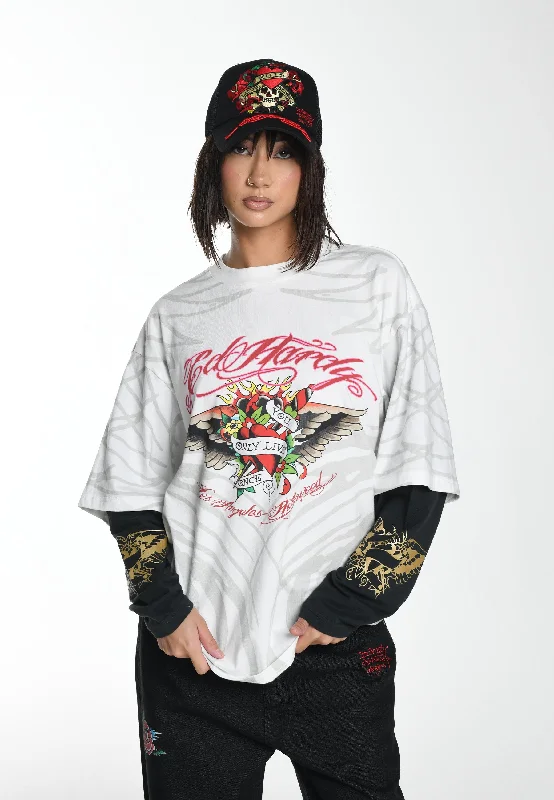 Womens Live Once Double Sleeve Relaxed T-Shirt - White Silk Blend Satin Velvet