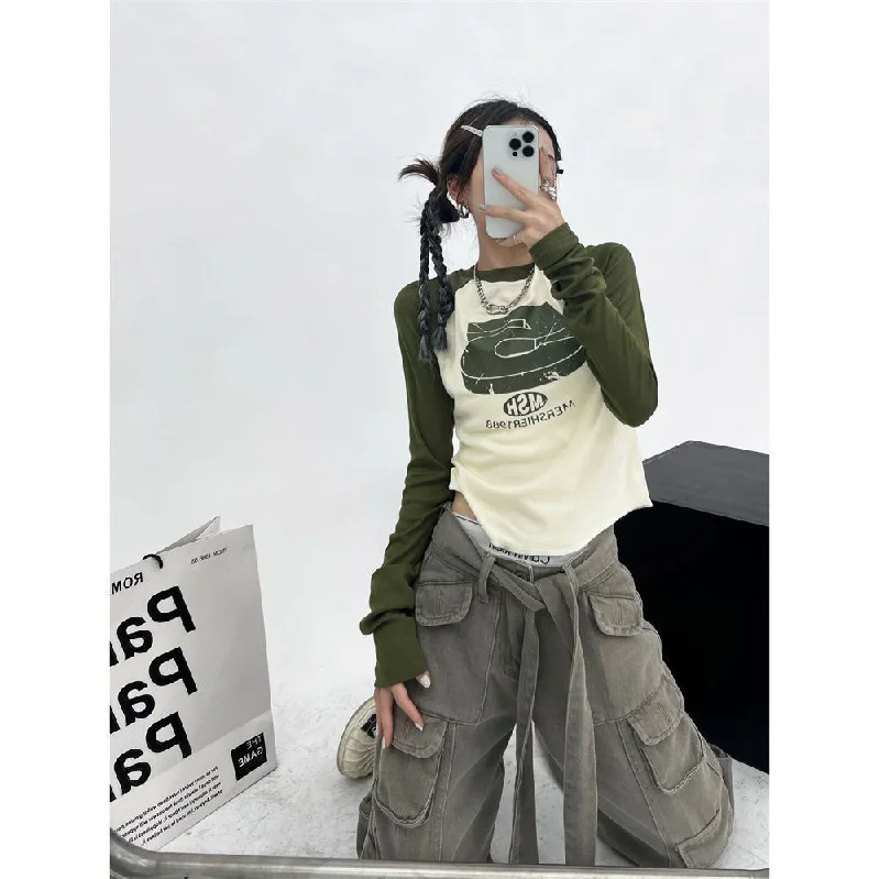 Y2k Long Sleeved Patchwork T-shirt Notch Collar Peter Pan Collar Cowl Neck