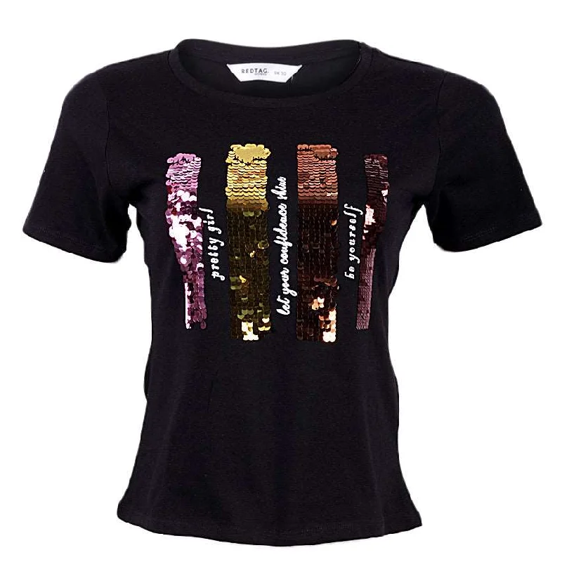 REDTAG Blingy Graphic T-Shirt for Women Hooded Caped Shawl Collar