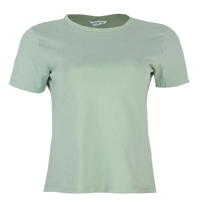 REDTAG Green Crewneck T-Shirt Solid Print Embellished