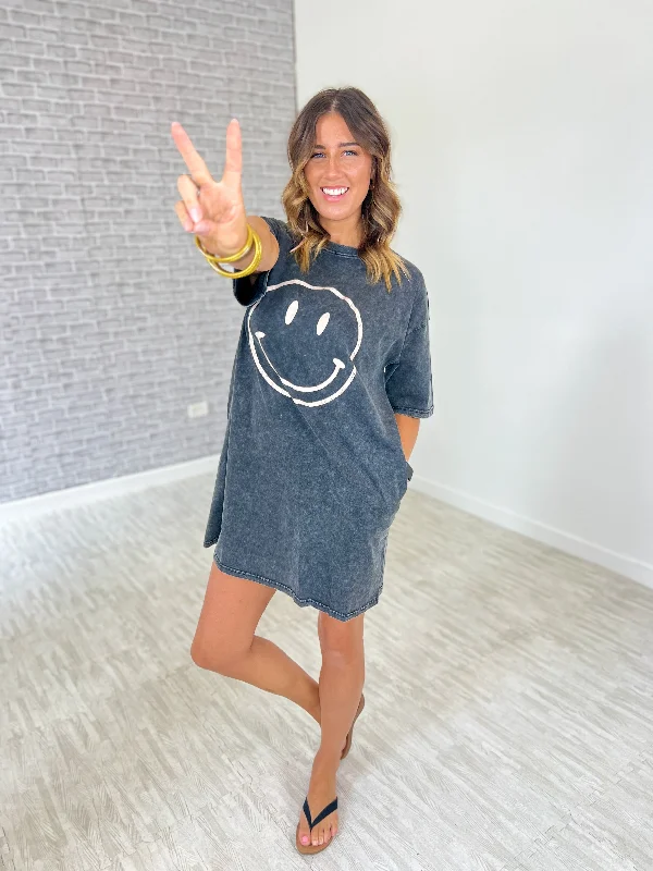 A Reason To Smile T-Shirt Dress - Black Collared T-Shirt Boat Neck A-Line