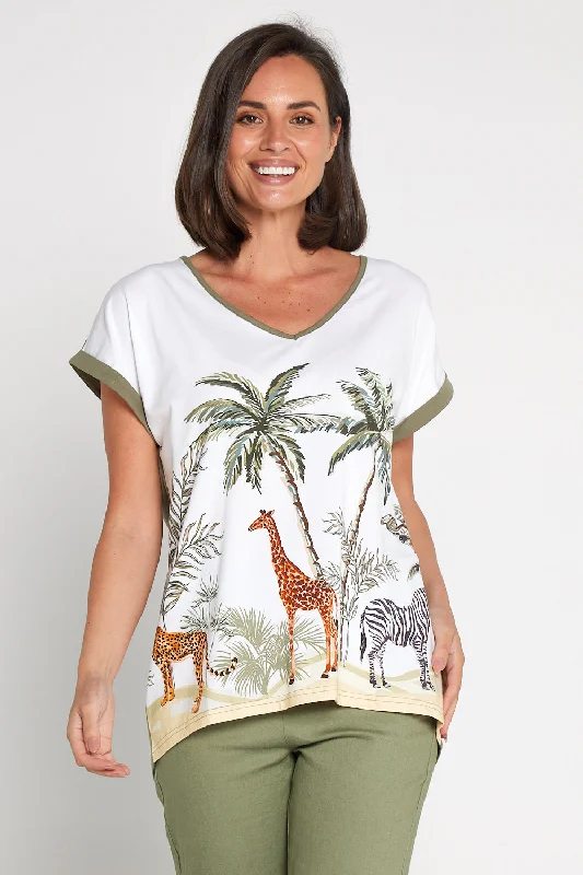 Africa Drop Shoulder Cotton Tee - White/Khaki Sequined Glittery Shiny