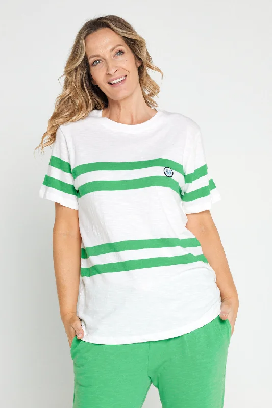 Allegra Short Sleeve Tee - White/Greenbriar Stripe Lace Blend Ribbed Blend Corduroy Blend