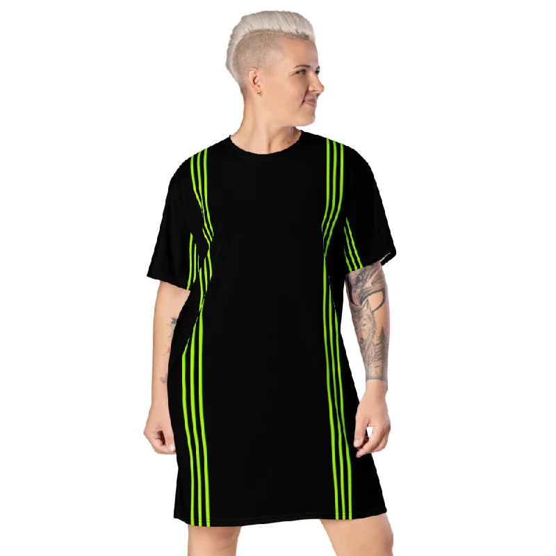 Black Green Striped T-Shirt Dress, Neon Green Stripes Women's Oversized Dress-Made in USA/EU Zippered Buttoned Snapped Black Green Striped T-Shirt Dress, Neon Green Stripes Women's Oversized Dress-Made in USA/EU Zippered Buttoned Snapped