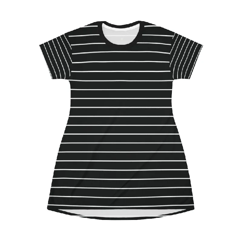 Black Striped T-Shirt Dress, Modern Classic Essential Women's Crewneck Dress-Made in USA Fleece Fabric Down Fabric Feather Fabric Black Striped T-Shirt Dress, Modern Classic Essential Women's Crewneck Dress-Made in USA Fleece Fabric Down Fabric Feather Fabric