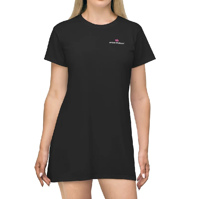 Black T-Shirt Dress, Solid Color Crewneck Long Tee Shirt Dress For Women - Made in USA Polka Dot Checkered Tartan Black T-Shirt Dress, Solid Color Crewneck Long Tee Shirt Dress For Women - Made in USA Polka Dot Checkered Tartan