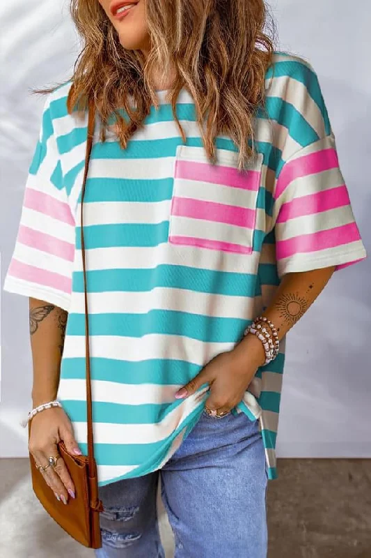 Blue Stripe Contrast Patch Pocket Drop Sleeve Tee Anti-Pilling Machine Wash Handmade Blue Stripe Contrast Patch Pocket Drop Sleeve Tee Anti-Pilling Machine Wash Handmade