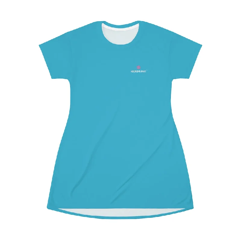 Blue T-Shirt Dress, Solid Color Crewneck Long Tee Shirt Dress For Women - Made in USA Notch Collar Peter Pan Collar Cowl Neck Blue T-Shirt Dress, Solid Color Crewneck Long Tee Shirt Dress For Women - Made in USA Notch Collar Peter Pan Collar Cowl Neck