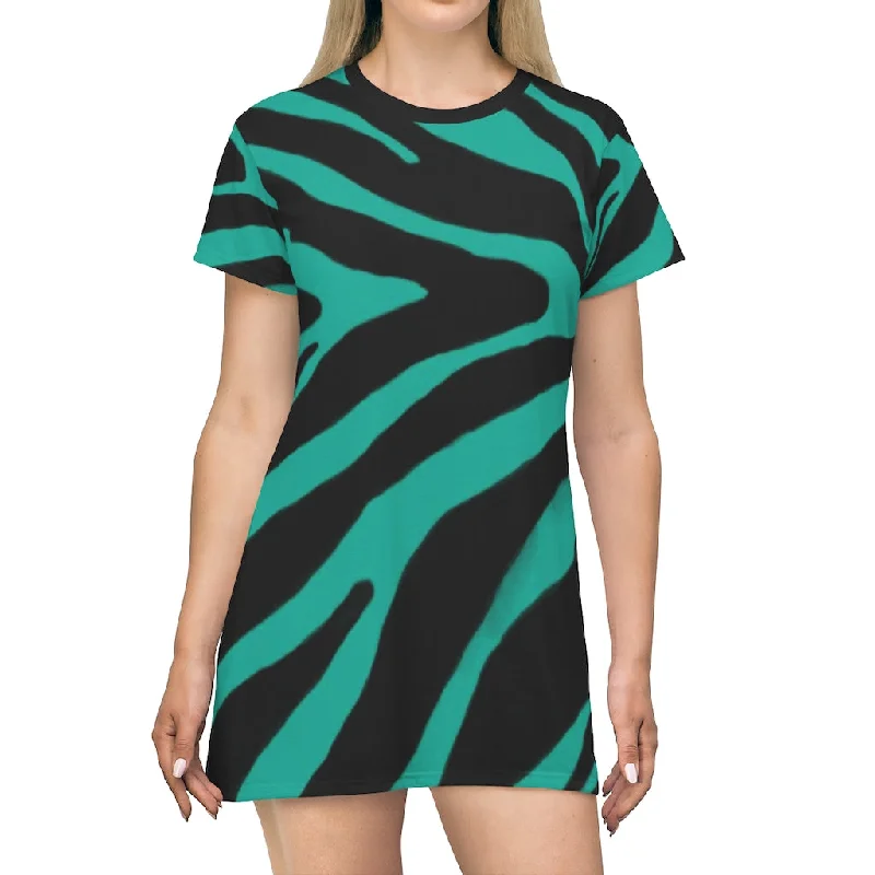 Blue Zebra Print T-Shirt Dress, Zebra Animal Print Crew Neck Long Tee Shirt Dress - Made in USA Print Jacquard Patchwork Blue Zebra Print T-Shirt Dress, Zebra Animal Print Crew Neck Long Tee Shirt Dress - Made in USA Print Jacquard Patchwork