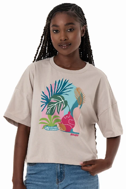 Boxy Statement T-Shirt _ 154352 _ Stone Graphic Embroidered Appliqued