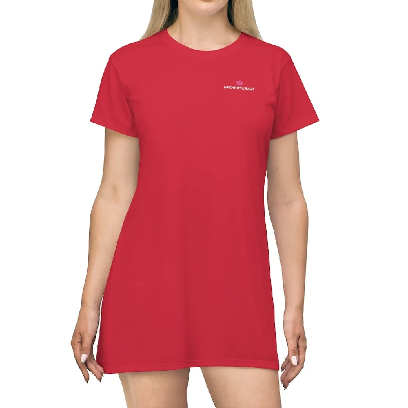 Bright Red T-Shirt Dress, Solid Color Crewneck Long Tee Shirt Dress For Women - Made in USA Beaded Sequined Faux Fur