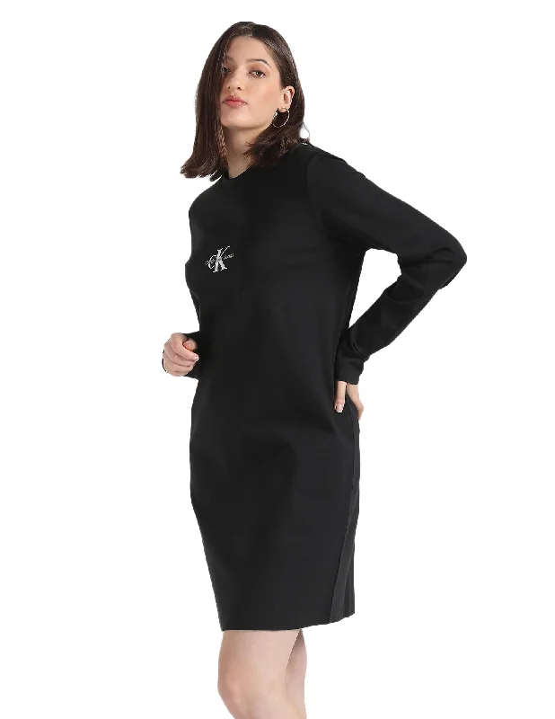 Calvin Klein Women's Viscose T-Shirt Knee-Length Dress (J20J222520BEH_BLACK_M) Seamless Knitted Crochet