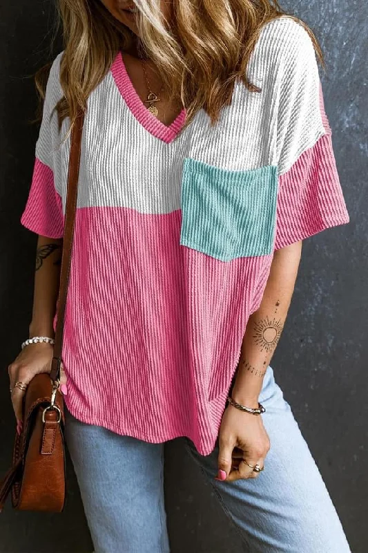 Color Block Patch Pocket Corded V Neck Tee Notch Collar Peter Pan Collar Cowl Neck