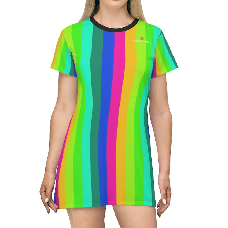 Colorful Rainbow Striped T-Shirt Dress, Gay Pride Vertical Striped Women's Crew Neck Dress - Made in USA Ribbed T-Shirt High Neck Heavyweight Colorful Rainbow Striped T-Shirt Dress, Gay Pride Vertical Striped Women's Crew Neck Dress - Made in USA Ribbed T-Shirt High Neck Heavyweight